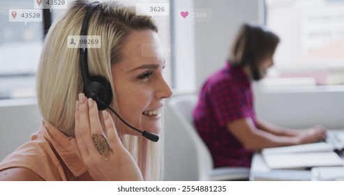 Image of data processing over diverse business people using phone headset in office. Global social media, business and digital interface concept digitally generated image. - Powered by Shutterstock