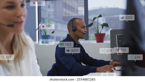 Image of data processing over diverse business people using phone headsets in office. Global social media, business and digital interface concept digitally generated image. - Powered by Shutterstock