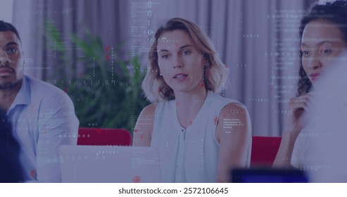Image of data processing over diverse business people in office. Global business and digital interface concept digitally generated image.