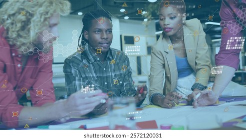 Image of data processing over diverse colleagues discussing at casual office. Business, teamwork, network, digital interface and global communication, digitally generated image.