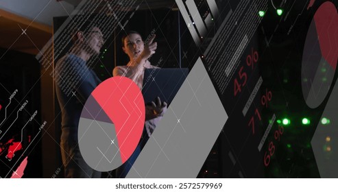 Image of data processing over diverse it engineers by computer servers. Global finance, business, connections, computing and data processing concept digitally generated image.