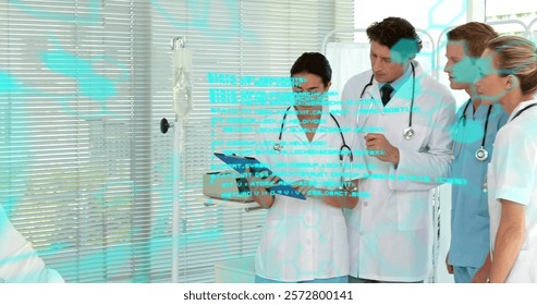 Image of data processing over diverse doctors discussing work. Medicine, technology and digital interface concept digitally generated image.