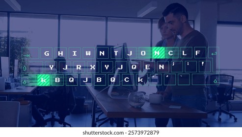Image of data processing over diverse business people in office. Global finance, business, connections, computing and data processing concept digitally generated image.