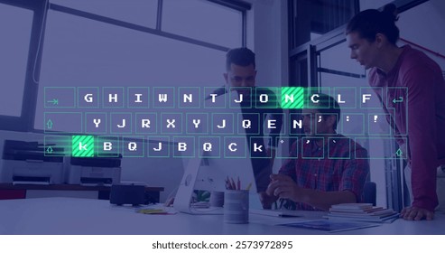Image of data processing over diverse business people in office. Global finance, business, connections, computing and data processing concept digitally generated image.