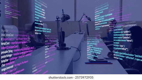 Image of data processing over diverse business people in office. Global finance, business, connections, computing and data processing concept digitally generated image.