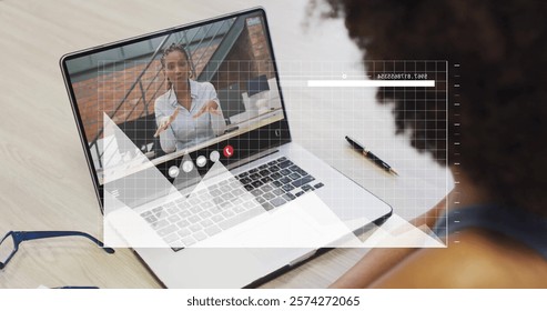 Image of data processing over diverse colleagues having image call in office. Business, technology and digital interface concept digitally generated image.