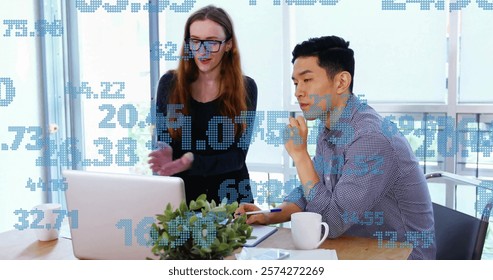 Image of data processing over diverse colleagues talking in office. Business, technology and digital interface concept digitally generated image.