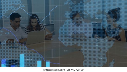 Image of data processing over diverse colleagues talking in office. Business, technology and digital interface concept digitally generated image.