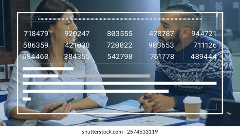 Image of data processing over diverse business people in office. Global finance, business, connections, computing and data processing concept digitally generated image.