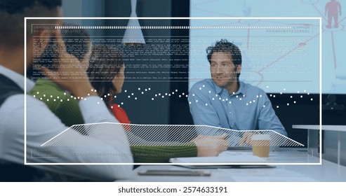 Image of data processing over diverse business people in office. Global finance, business, connections, computing and data processing concept digitally generated image.