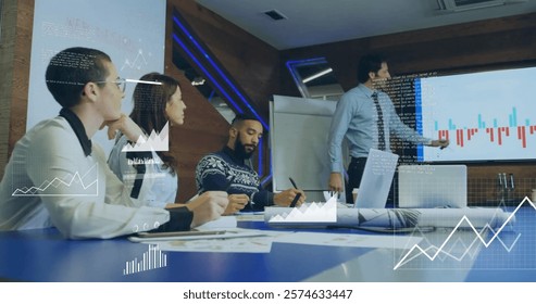 Image of data processing over diverse business people in office. Global finance, business, connections, computing and data processing concept digitally generated image.