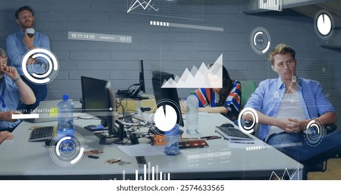 Image of data processing over diverse business people in office. Global finance, business, connections, computing and data processing concept digitally generated image.