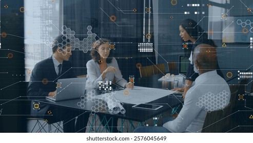 Image of data processing over diverse business people in office. Global finance, business, connections, computing and data processing concept digitally generated image.