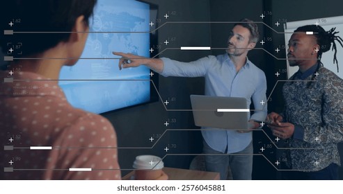Image of data processing over diverse business people in office. Global finance, business, connections, computing and data processing concept digitally generated image.