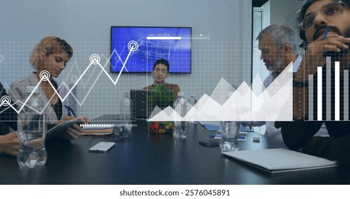 Image of data processing over diverse business people in office. Global finance, business, connections, computing and data processing concept digitally generated image.