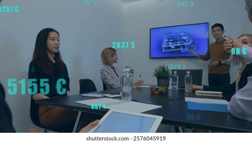 Image of data processing over diverse business people in office. Global finance, business, connections, computing and data processing concept digitally generated image.
