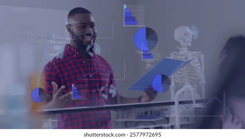 Image of data processing over diverse schoolchildren and male teacher in classroom. Global education, school, connections, computing and data processing concept digitally generated image.
