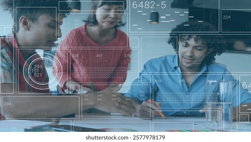 Image of data processing over diverse colleagues discussing work in office. Global business, finances, communication and digital interface concept digitally generated image.