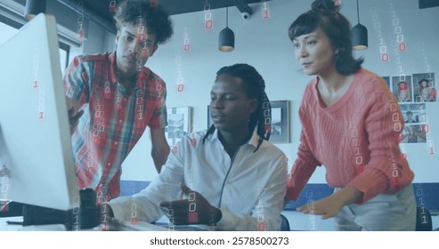 Image of data processing over diverse colleagues working in office. Global business, computing and digital interface concept digitally generated image.