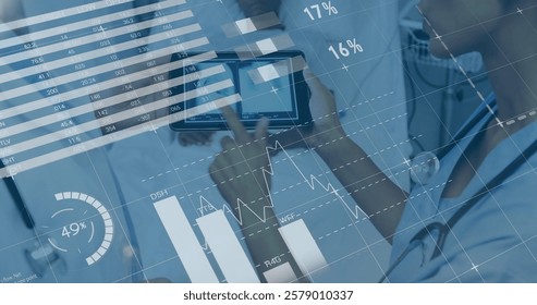 Image of data processing over diverse doctors and patient. Global medicine, finance, business, connections, computing and data processing concept digitally generated image.