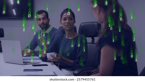 Image of data processing over diverse business people talking. Global business, technology and digital interface concept digitally generated image.
