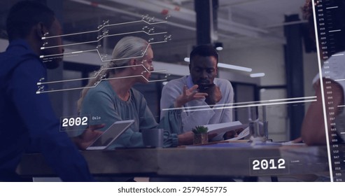 Image of data processing over diverse business people talking. Global business, technology and digital interface concept digitally generated image.