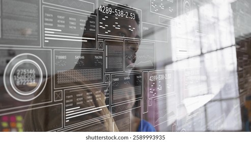 Image of data processing over diverse colleagues discussing work. Global business and digital interface concept digitally generated image.