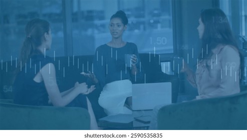 Image of data processing over diverse business people discussing work. Business, technology and digital interface concept digitally generated image.