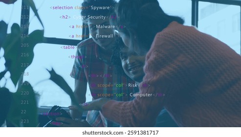 Image of data processing over diverse colleagues talking in office. Global business and digital interface concept digitally generated image.