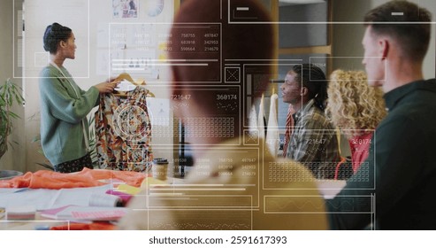 Image of data processing over diverse business people in office. Global finance, business, connections, computing and data processing concept digitally generated image.