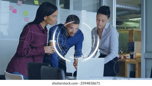 Image of data processing over diverse business people in office. Global finance, business, connections, computing and data processing concept digitally generated image.