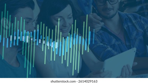 Image of data processing over diverse group of business people using tablet. global business, finances, connections and digital interface concept digitally generated image.