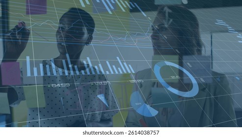 Image of data processing over diverse business people taking notes. global business, finances, connections and digital interface concept digitally generated image.