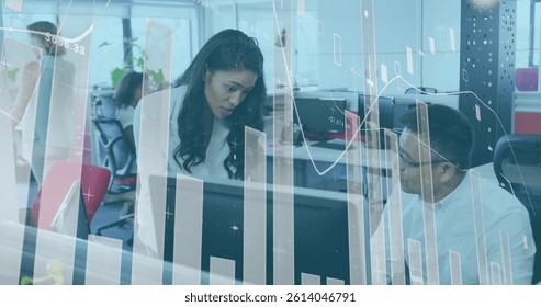 Image of data processing over diverse business people using computer. global business and digital interface concept digitally generated image.