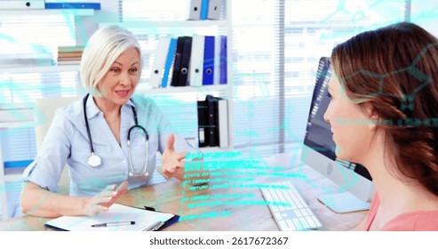 Image of data processing over diverse doctor and patient. global medicine, science and data processing concept digitally generated image.