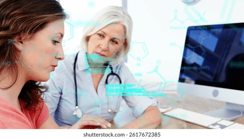 Image of data processing over diverse doctor and patient. global medicine, science and data processing concept digitally generated image.