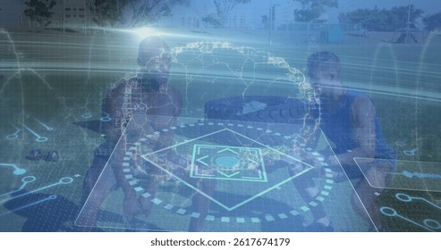 Image of data processing over diverse sportsmen exercising. global sport and digital interface concept digitally generated image.