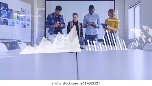Image of data processing over diverse business people using technology. global business and digital interface concept digitally generated image.