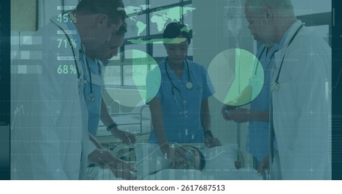 Image of data processing over diverse group of doctors. global science, connections, data processing and digital interface concept digitally generated image.