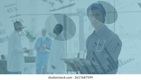 Image of data processing over diverse group of doctors. global science, connections, data processing and digital interface concept digitally generated image.