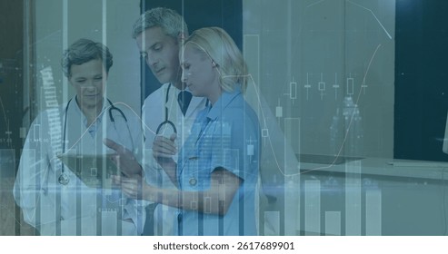 Image of data processing over diverse group of doctors. global science, connections, data processing and digital interface concept digitally generated image.