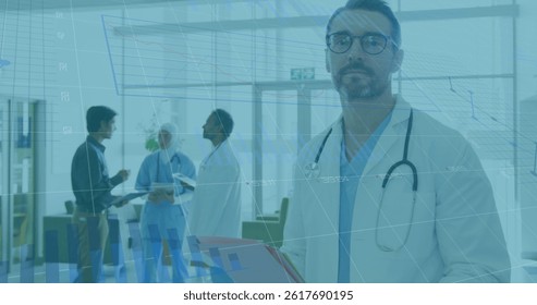 Image of data processing over diverse group of doctors. global science, connections, data processing and digital interface concept digitally generated image.