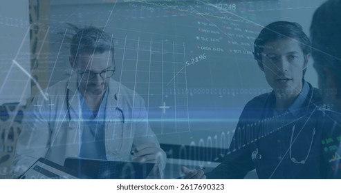 Image of data processing over diverse group of doctors. global science, connections, data processing and digital interface concept digitally generated image.