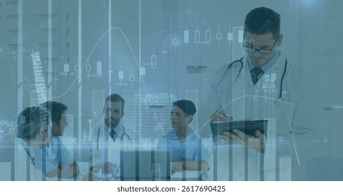 Image of data processing over diverse group of doctors. global science, connections, data processing and digital interface concept digitally generated image.