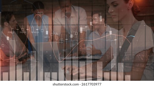 Image of data processing over diverse group of people. global science, connections, data processing and digital interface concept digitally generated image.