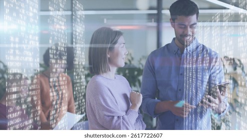 Image of data processing over diverse business people in office. global business, connections and data processing concept digitally generated image.