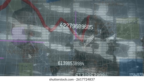 Image of data processing over diverse business people taking notes. global business and digital interface concept digitally generated image.