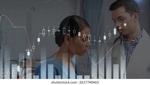 Image of data processing over diverse male doctor and female nurse talking. global medicine and digital interface concept digitally generated image.