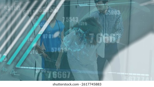 Image of data processing over diverse couple in hospital. global business and digital interface concept digitally generated image.