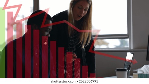 Image of data processing over diverse business people talking. global business and digital interface concept digitally generated image.